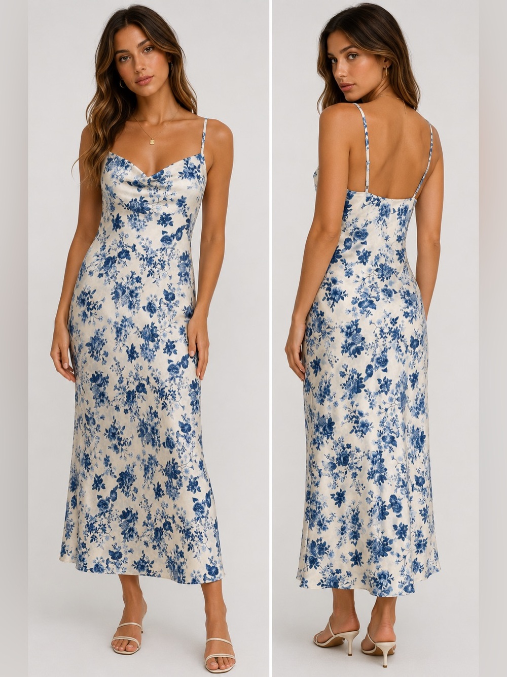 Lovely Day Blue & White Floral Satin Slip Midi Dress Size Small